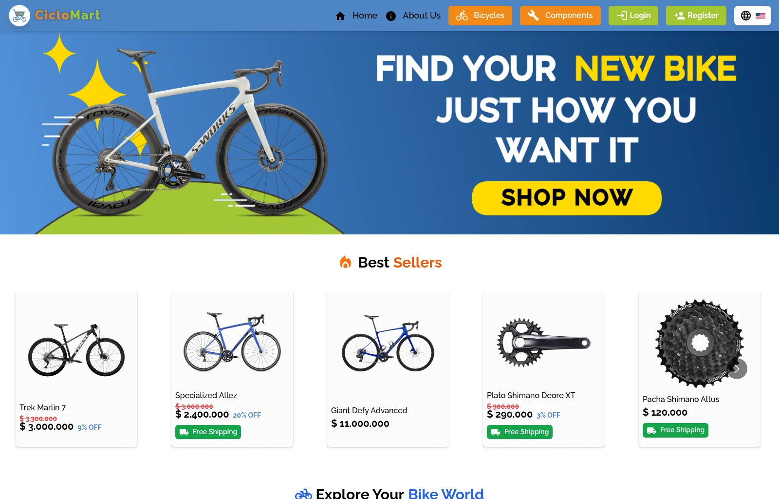 CicloMart English landing page with the hero and best sellers