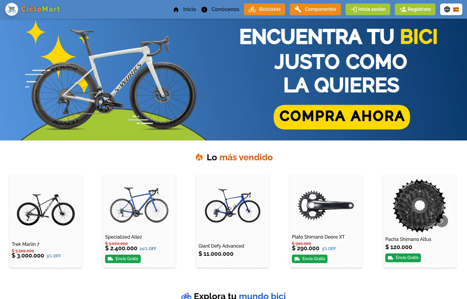 Landing de CicloMart en español con el hero y los más vendidos