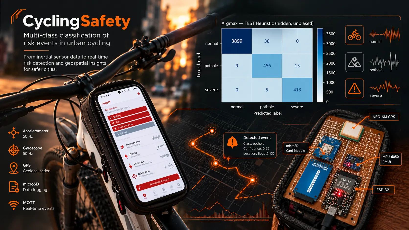 CyclingSafety showcase: phone logger, confusion matrix, GPS event map, and ESP32 prototype