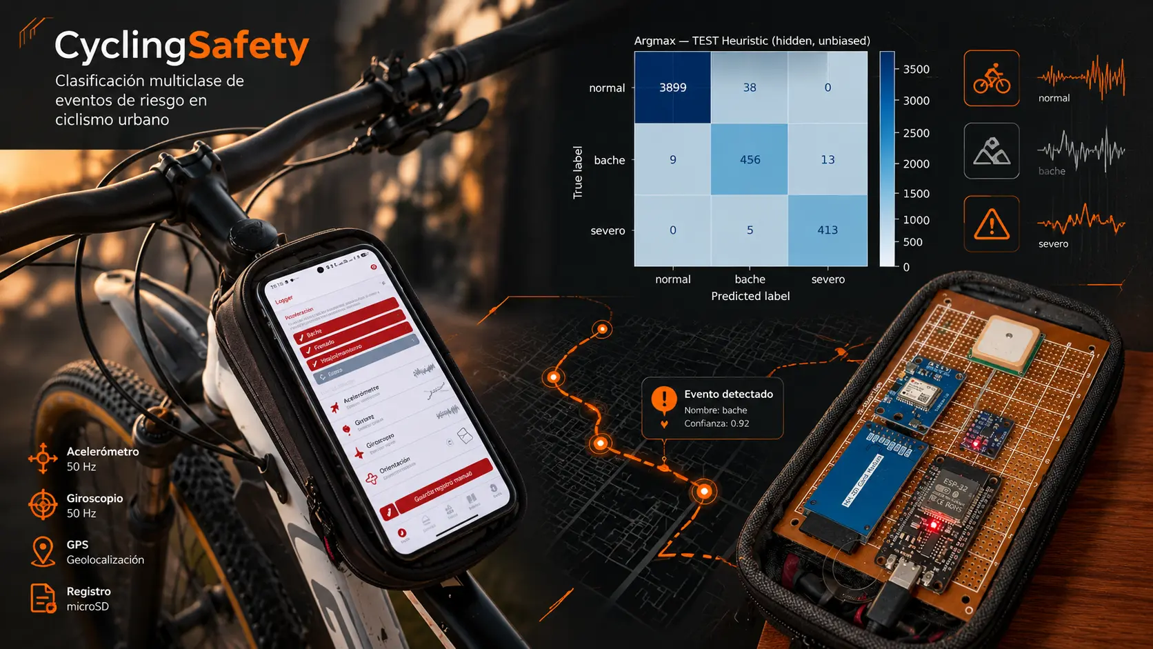 Vista general de CyclingSafety en español: registrador en el teléfono, matriz de confusión, mapa de eventos GPS y prototipo ESP32